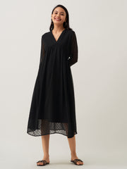 Black Chiffon Brasso Swiss Dot V-Neck Dress