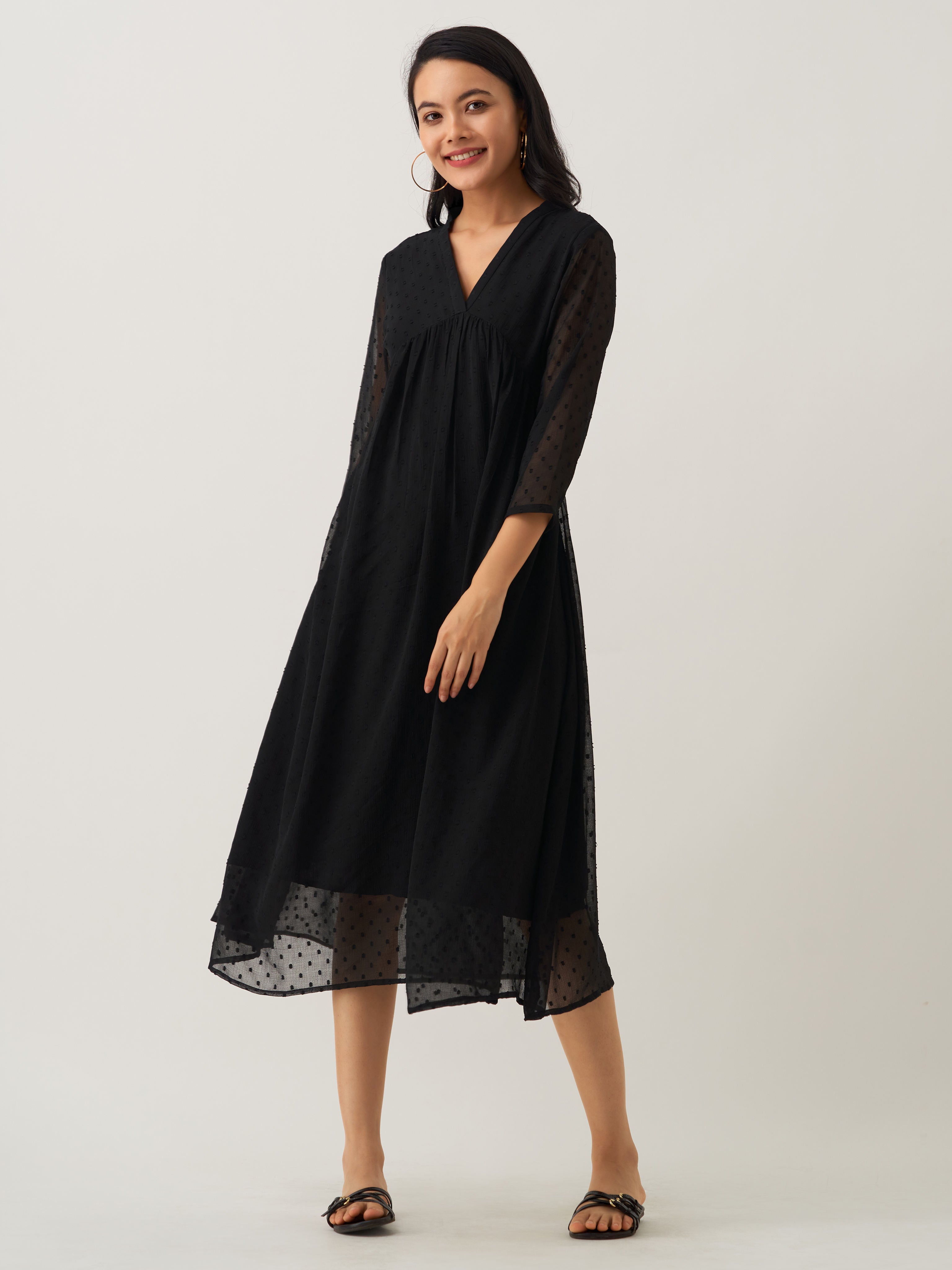 Black Chiffon Brasso Swiss Dot V-Neck Dress