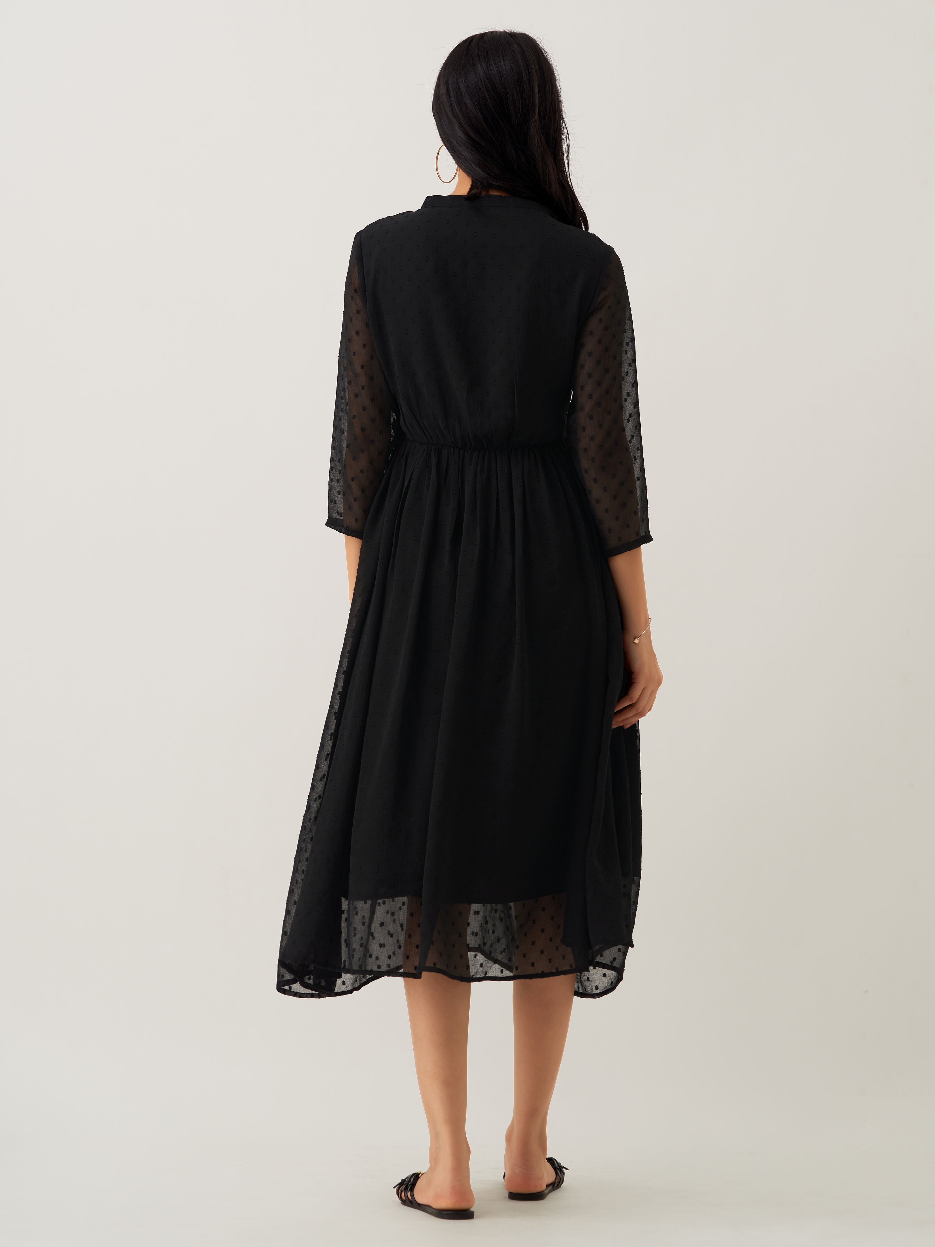 Black Chiffon Brasso Swiss Dot V-Neck Dress