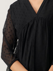 Black Chiffon Brasso Swiss Dot V-Neck Dress