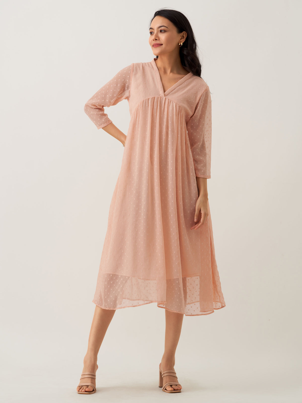 Peach Chiffon Brasso Swiss Dot V-Neck Dress