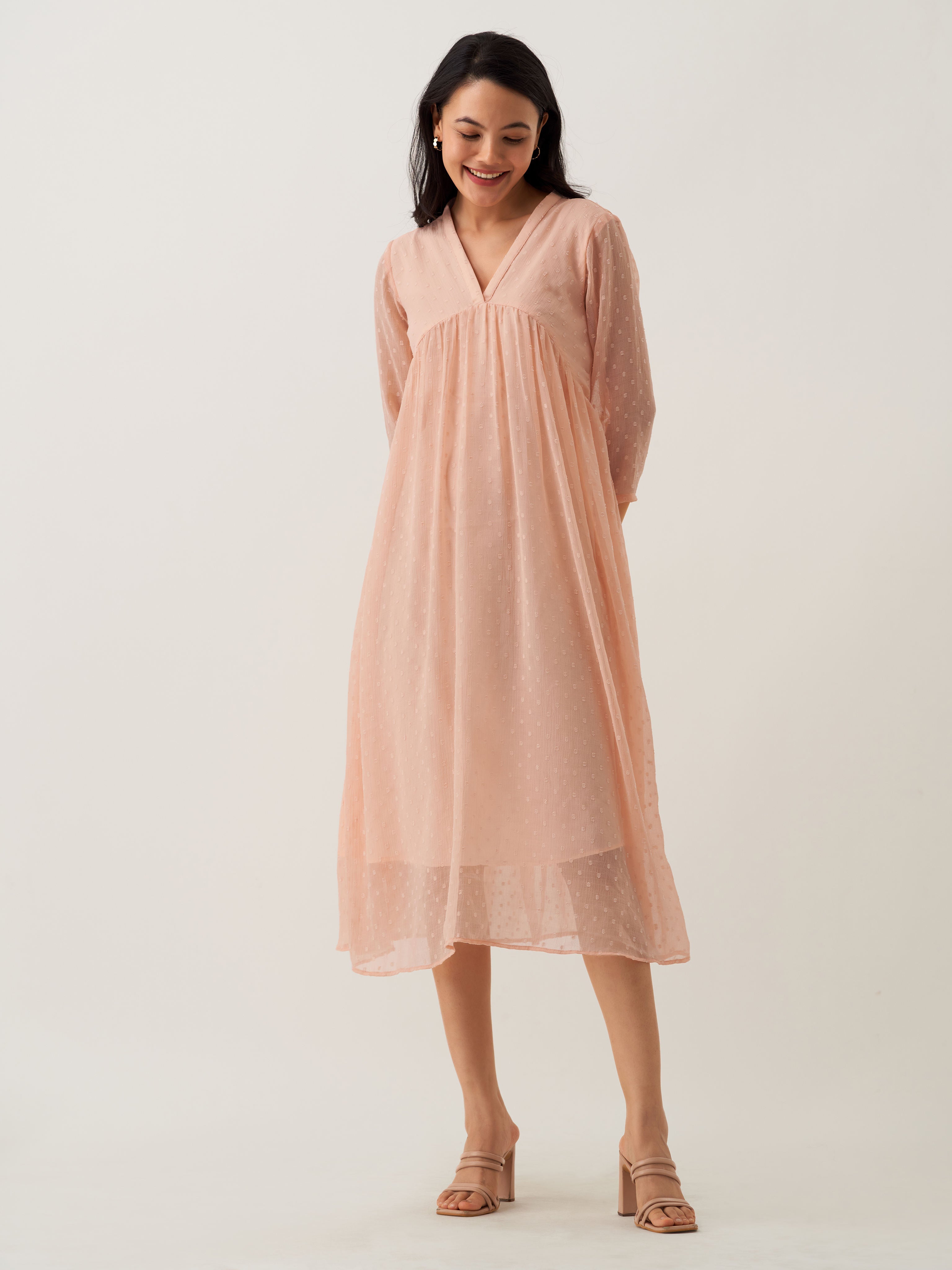 Peach Chiffon Brasso Swiss Dot V-Neck Dress