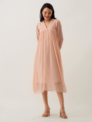 Peach Chiffon Brasso Swiss Dot V-Neck Dress