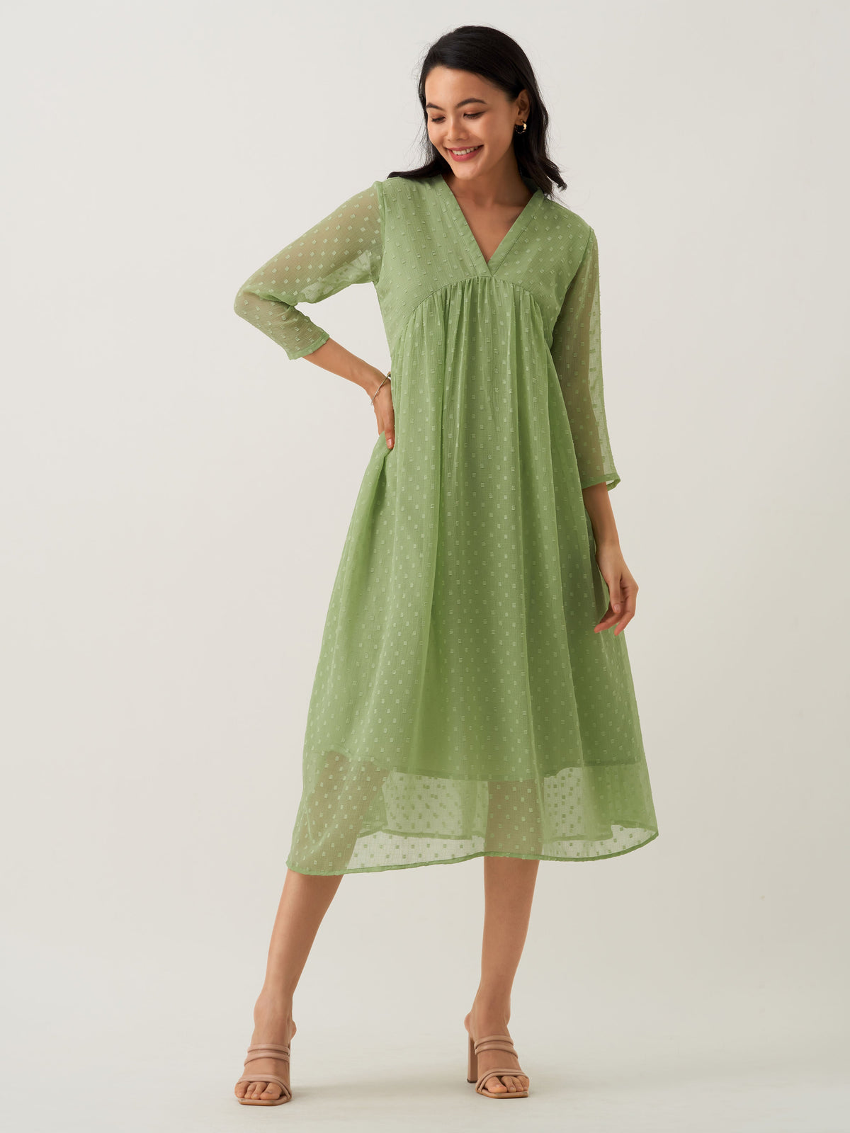 Green Mist Chiffon Brasso Swiss Dot V-Neck Dress