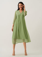 Green Mist Chiffon Brasso Swiss Dot V-Neck Dress