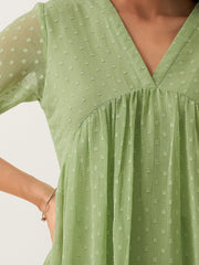 Green Mist Chiffon Brasso Swiss Dot V-Neck Dress