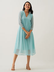 Light Blue Chiffon Brasso Swiss Dot V-Neck Dress