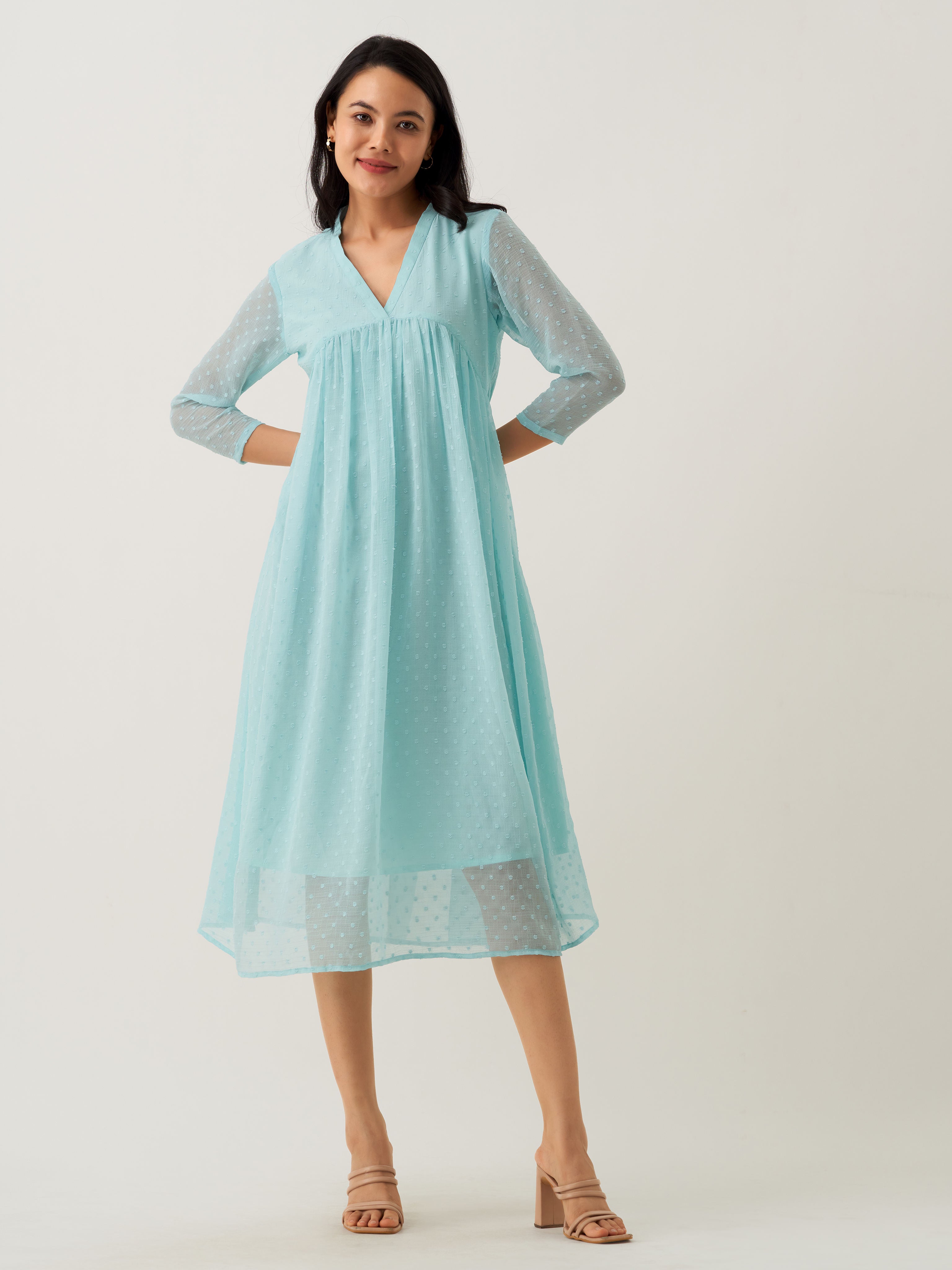 Light Blue Chiffon Brasso Swiss Dot V-Neck Dress