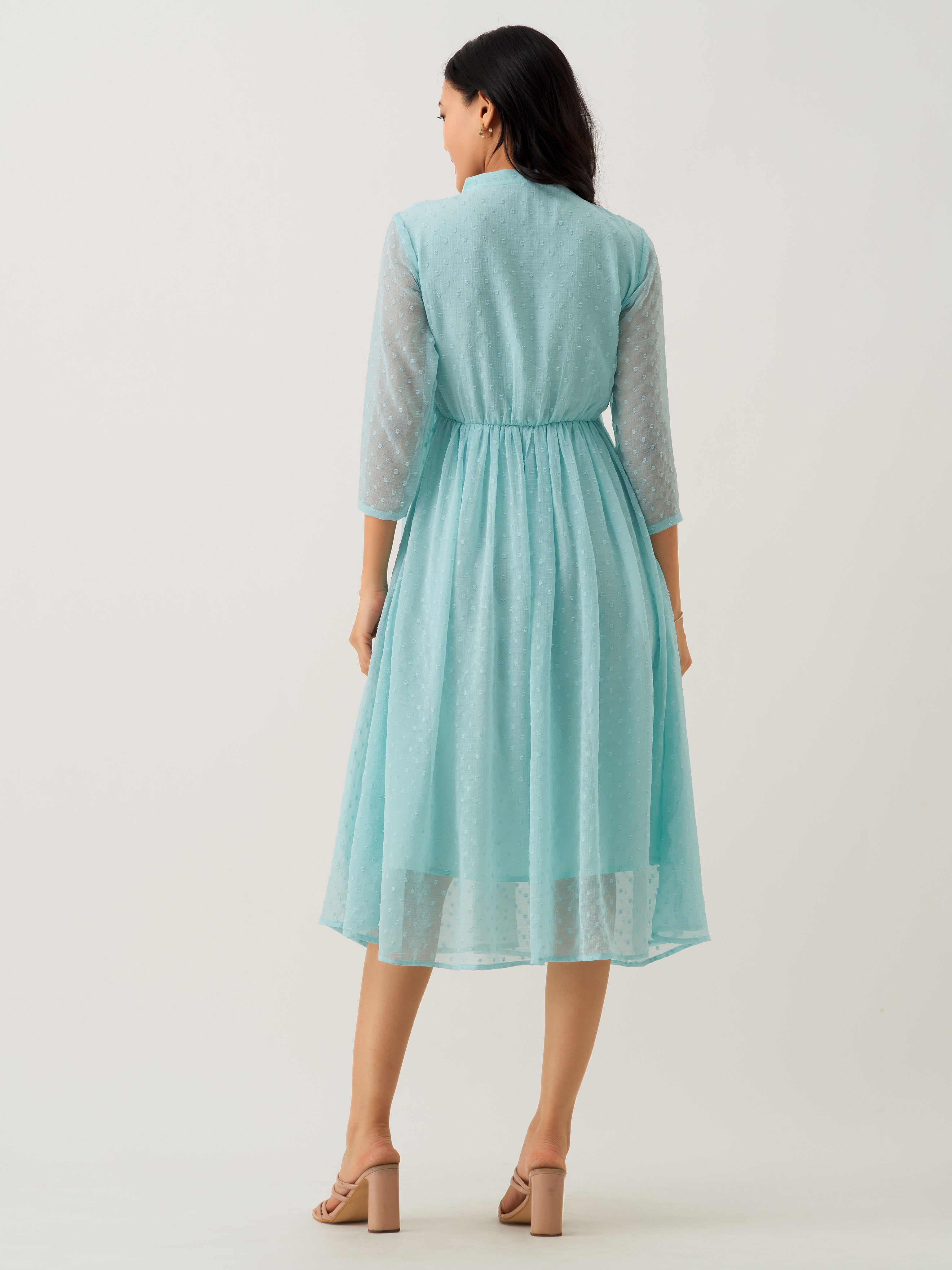 Light Blue Chiffon Brasso Swiss Dot V-Neck Dress