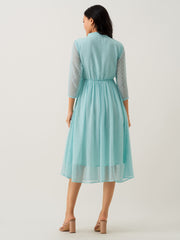 Light Blue Chiffon Brasso Swiss Dot V-Neck Dress