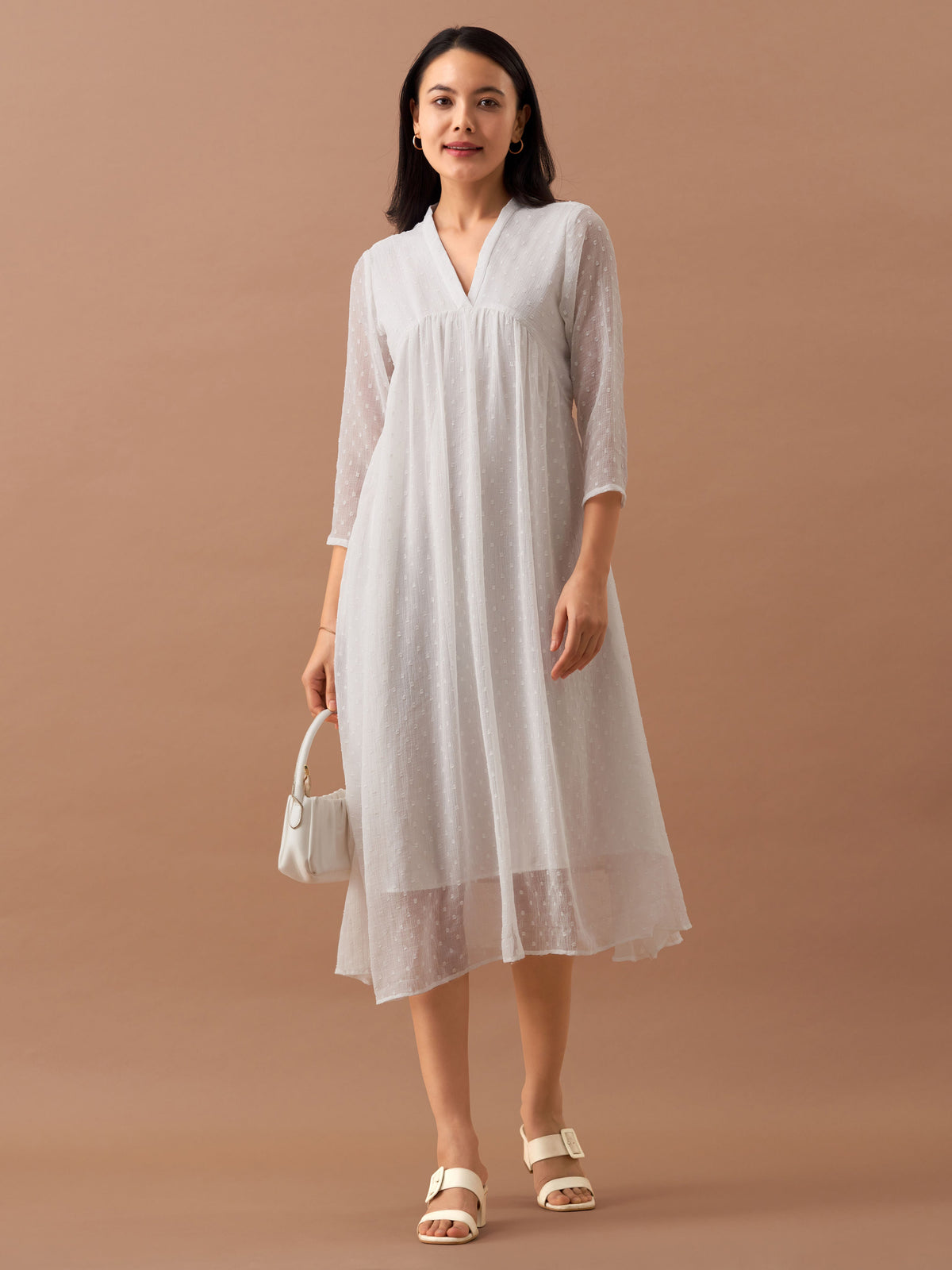 White Chiffon Brasso Swiss Dot V-Neck Dress