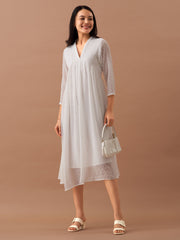 White Chiffon Brasso Swiss Dot V-Neck Dress