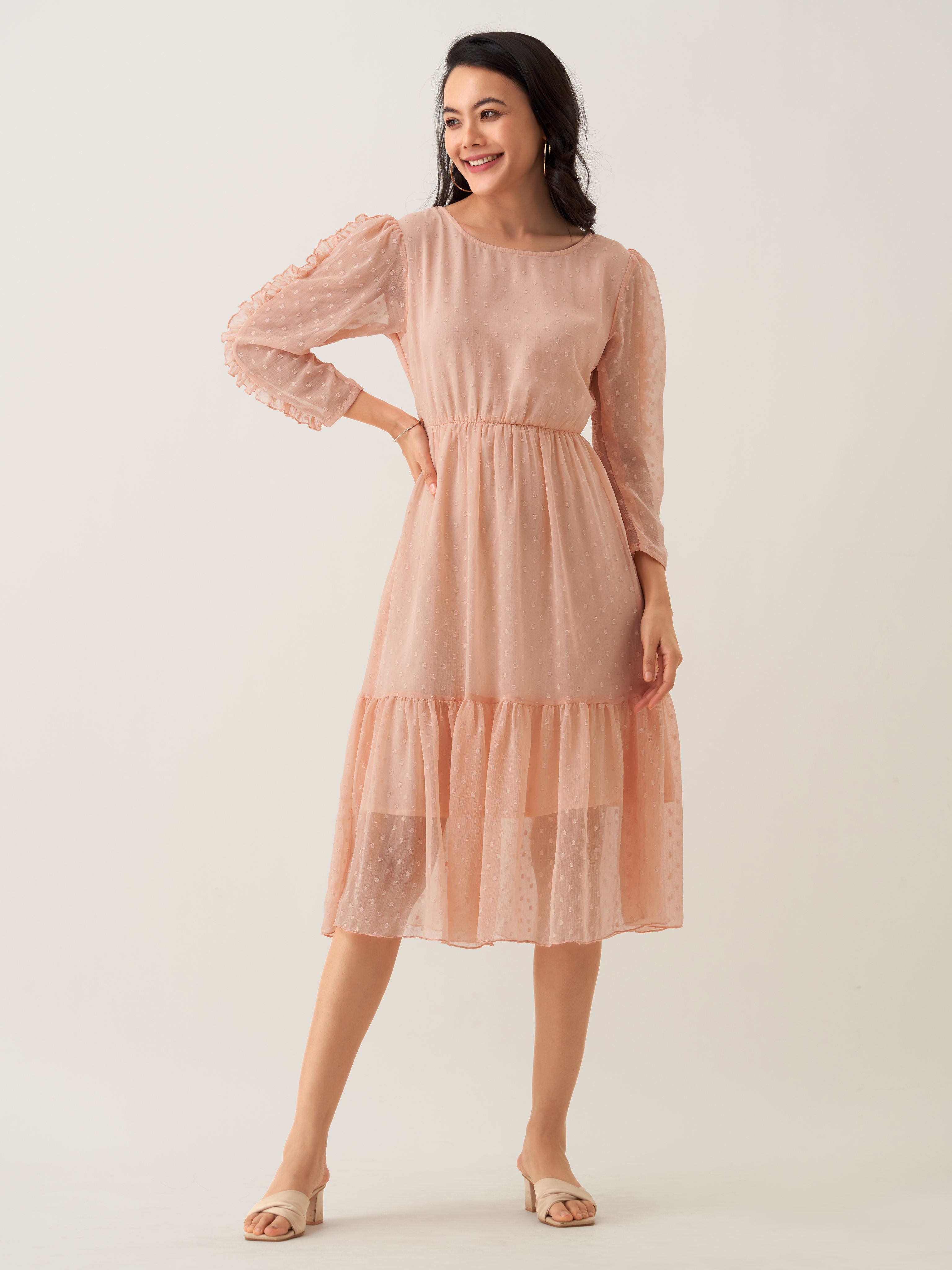 Peach Chiffon Brasso Swiss Dot Round Neck Dress