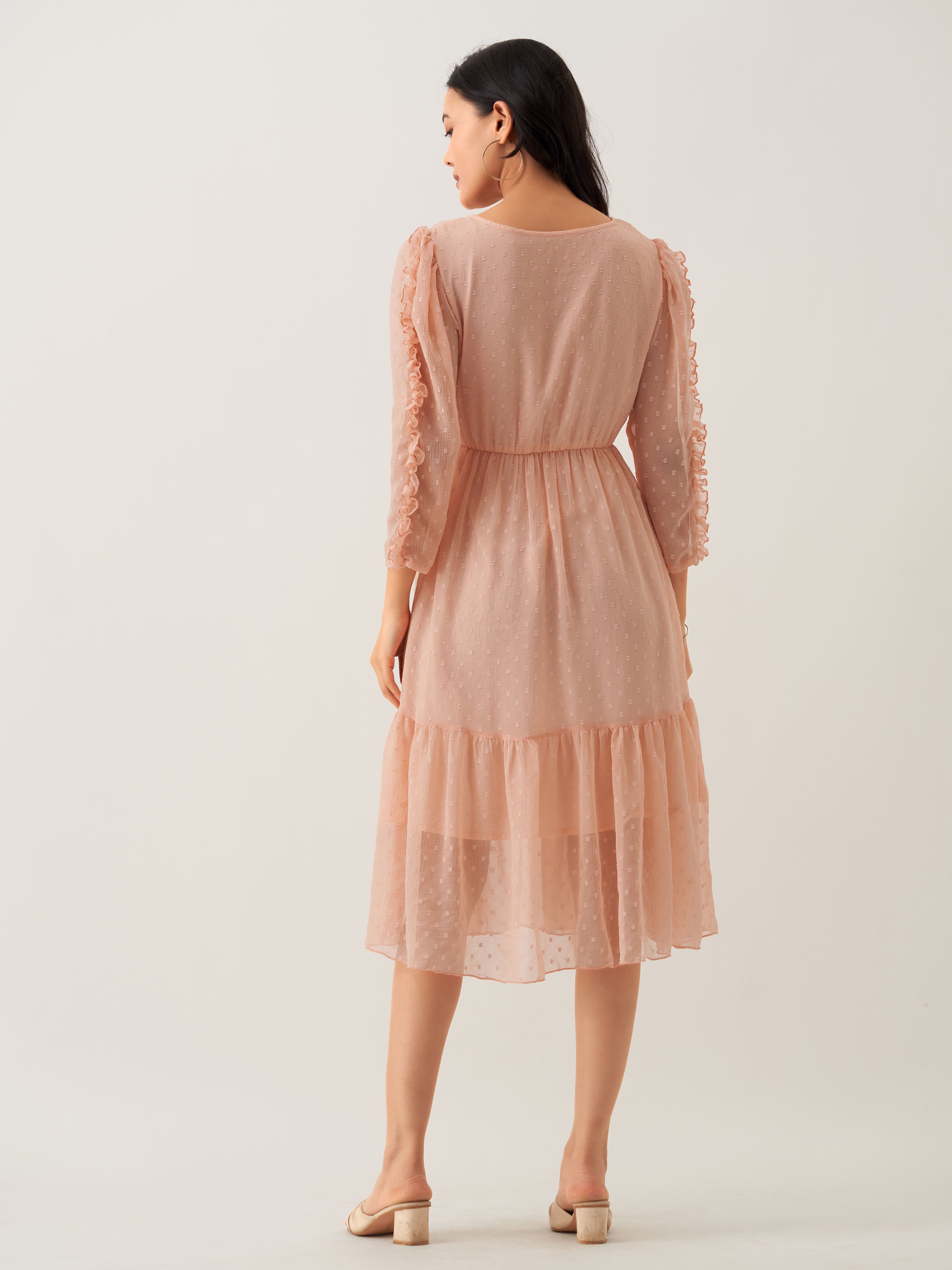 Peach Chiffon Brasso Swiss Dot Round Neck Dress