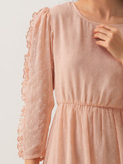 Peach Chiffon Brasso Swiss Dot Round Neck Dress