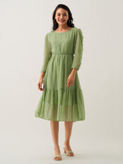 Green Mist Chiffon Brasso Swiss Dot Round Neck Dress