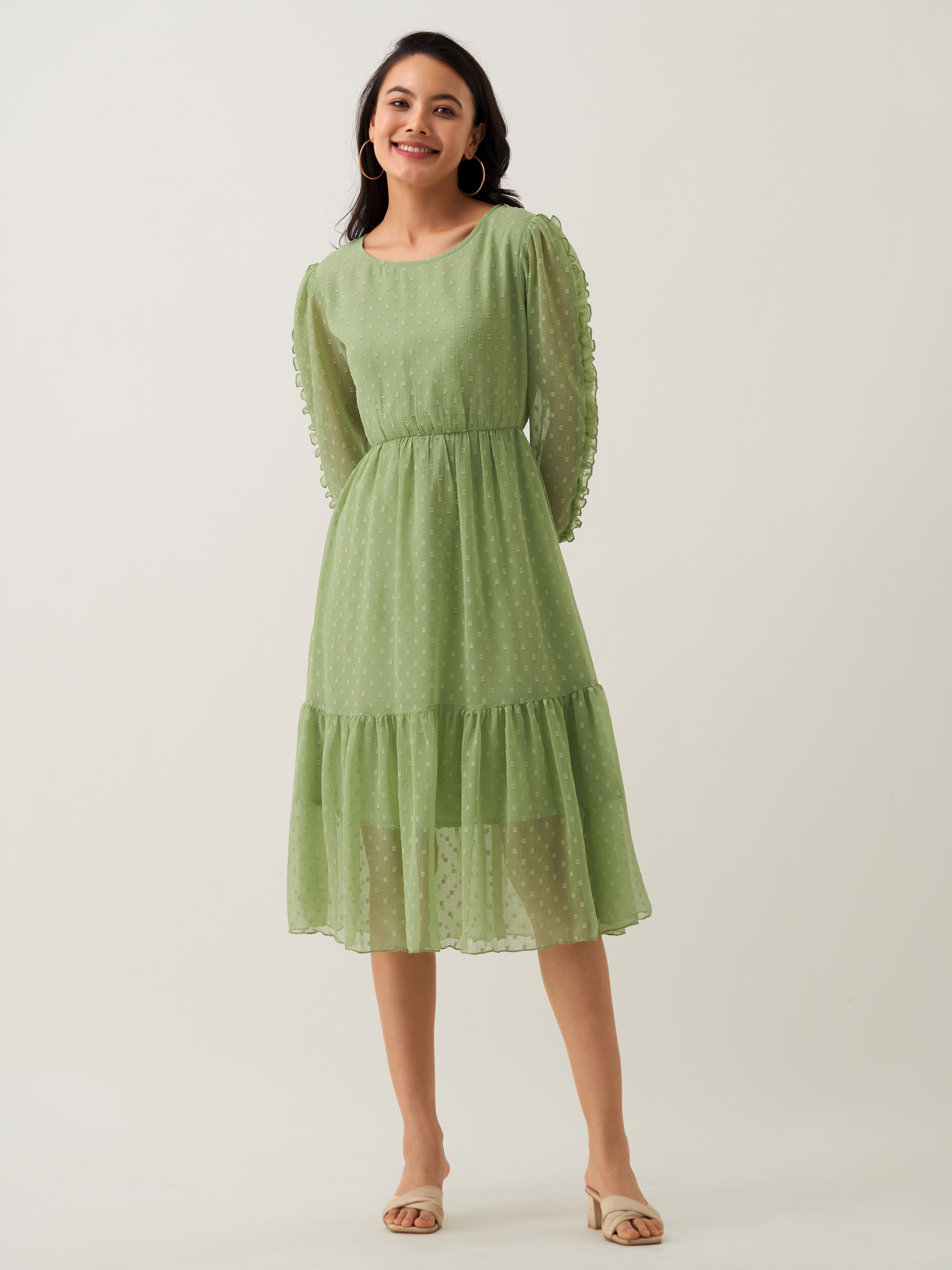 Green Mist Chiffon Brasso Swiss Dot Round Neck Dress