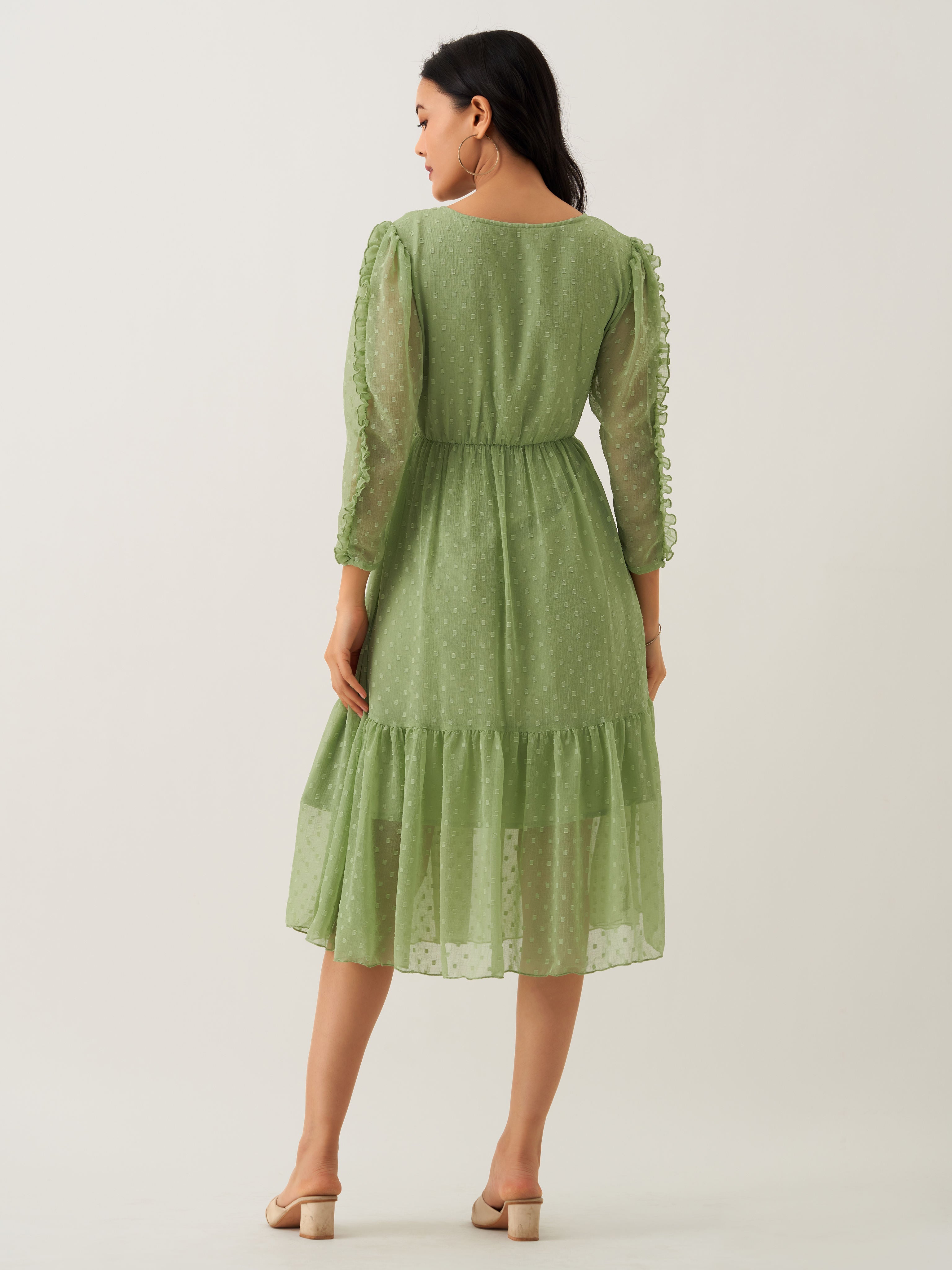 Green Mist Chiffon Brasso Swiss Dot Round Neck Dress