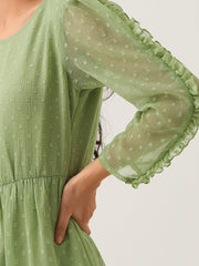 Green Mist Chiffon Brasso Swiss Dot Round Neck Dress