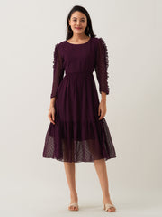 Purple Chiffon Brasso Swiss Dot Round Neck Dress