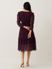 Purple Chiffon Brasso Swiss Dot Round Neck Dress