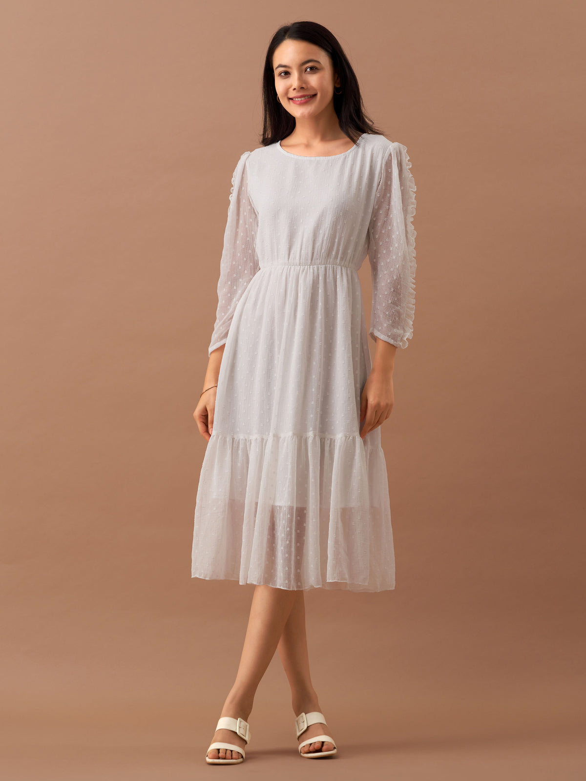 White Chiffon Brasso Swiss Dot Round Neck Dress