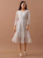 White Chiffon Brasso Swiss Dot Round Neck Dress