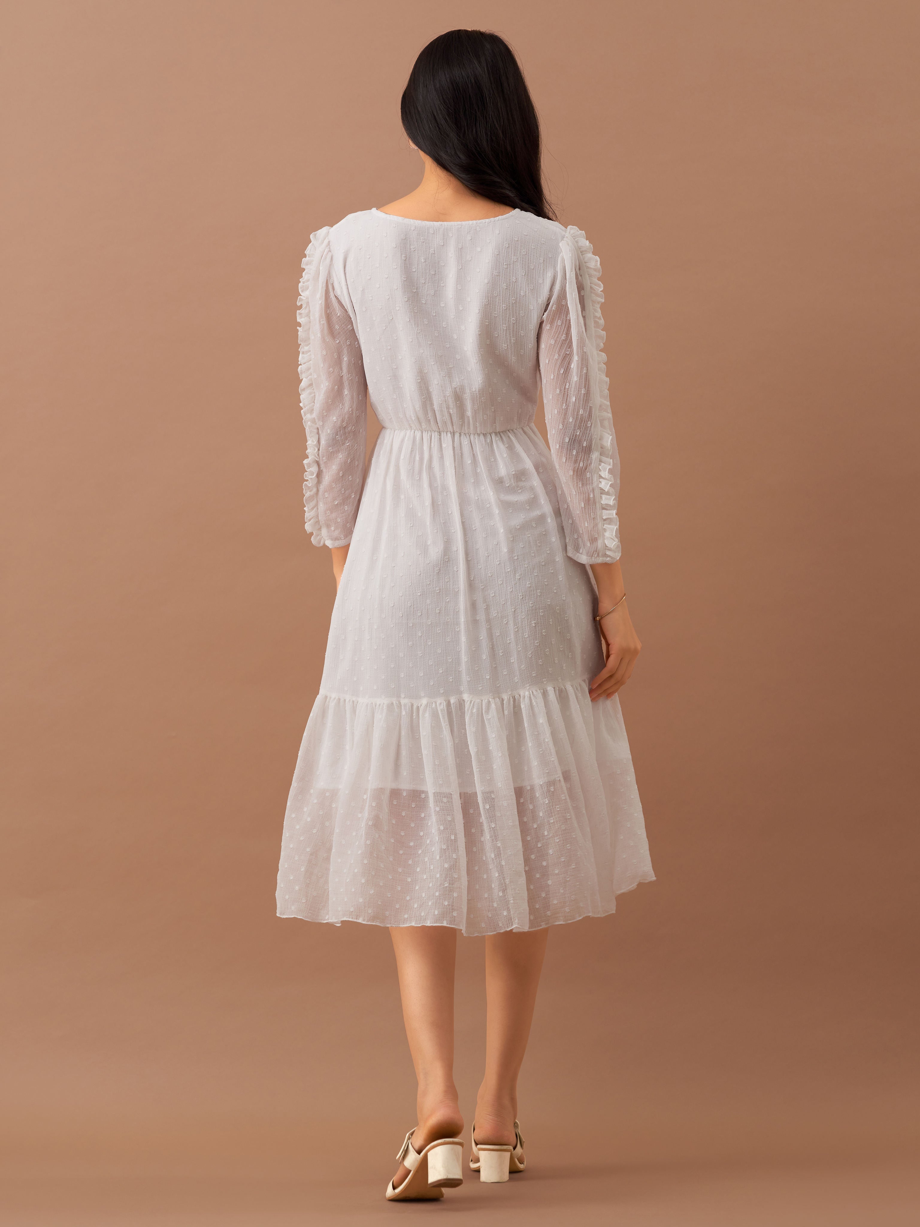 White Chiffon Brasso Swiss Dot Round Neck Dress