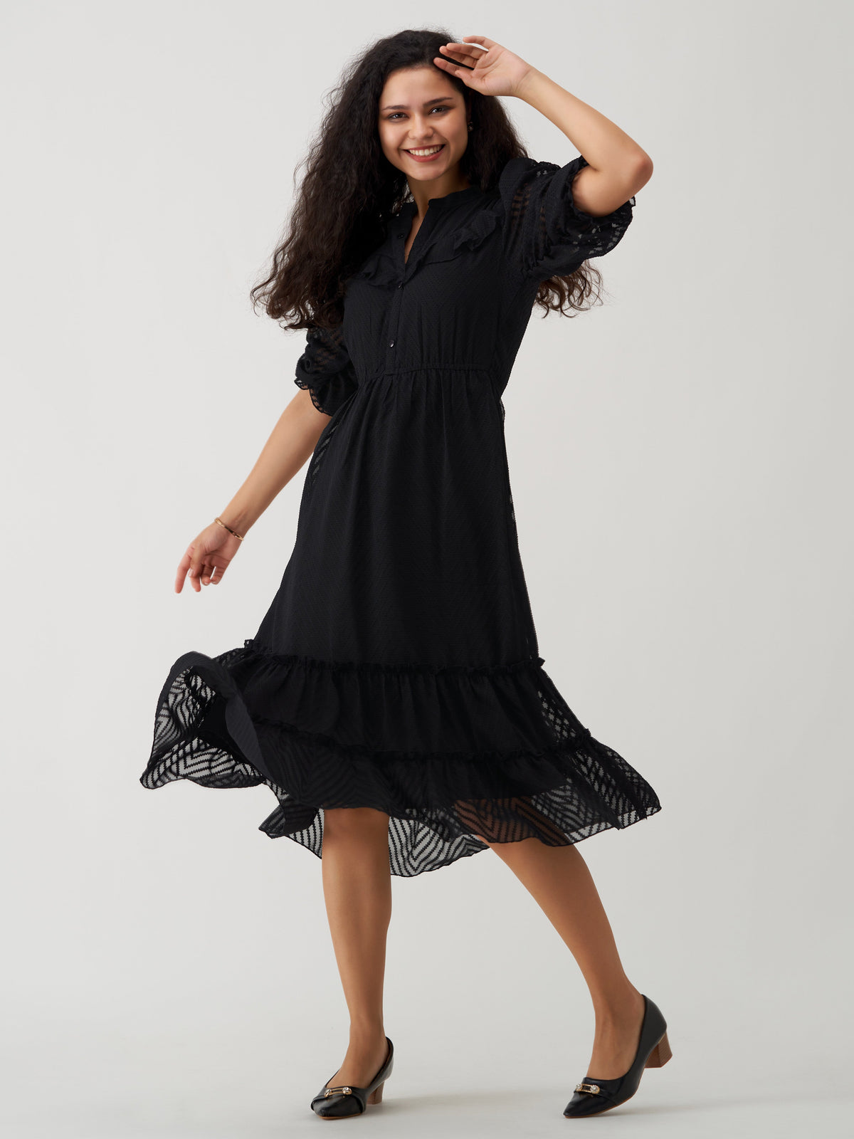 Black Chiffon Brasso Swiss Dot High Neck Dress