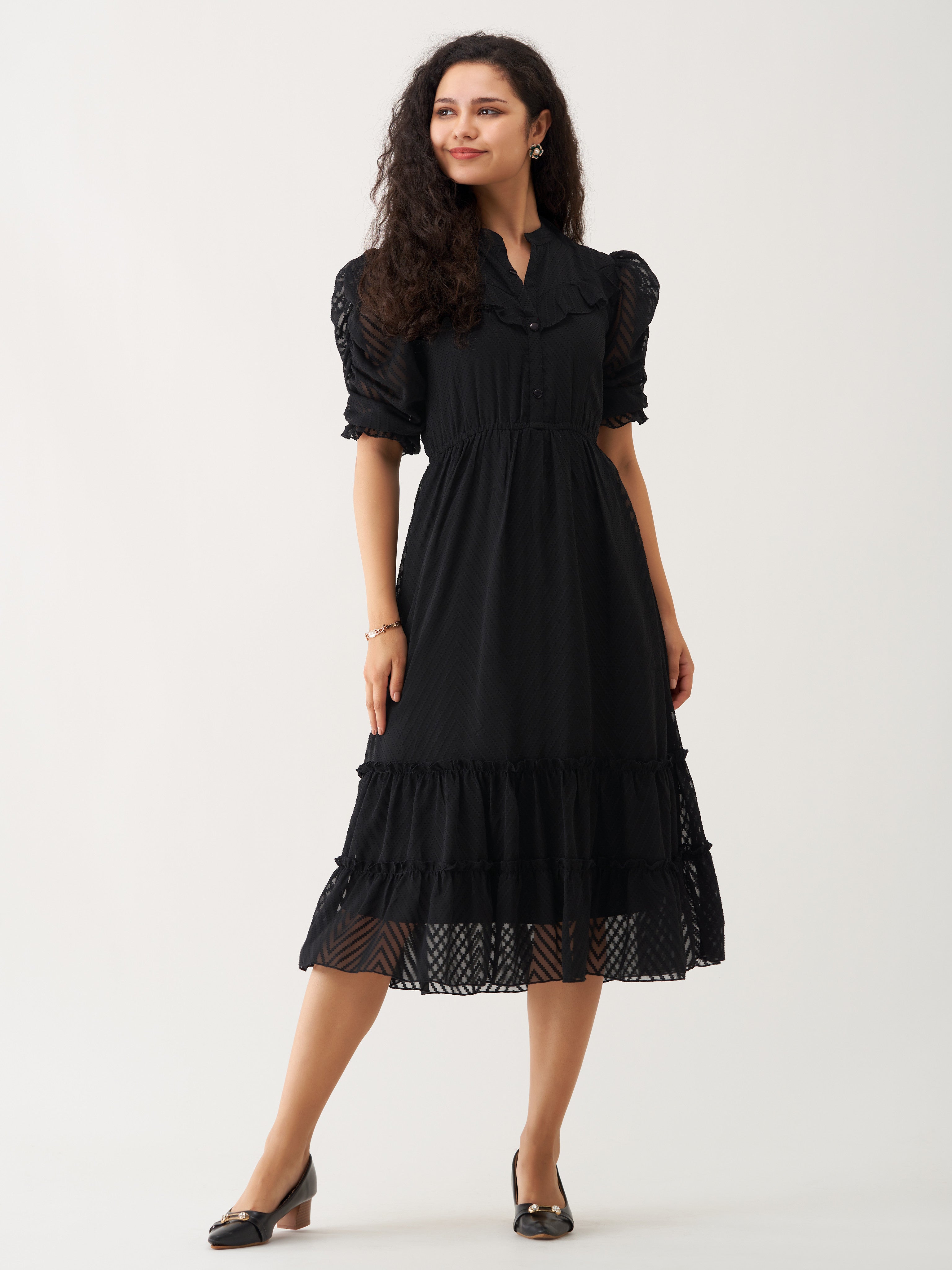 Black Chiffon Brasso Swiss Dot High Neck Dress