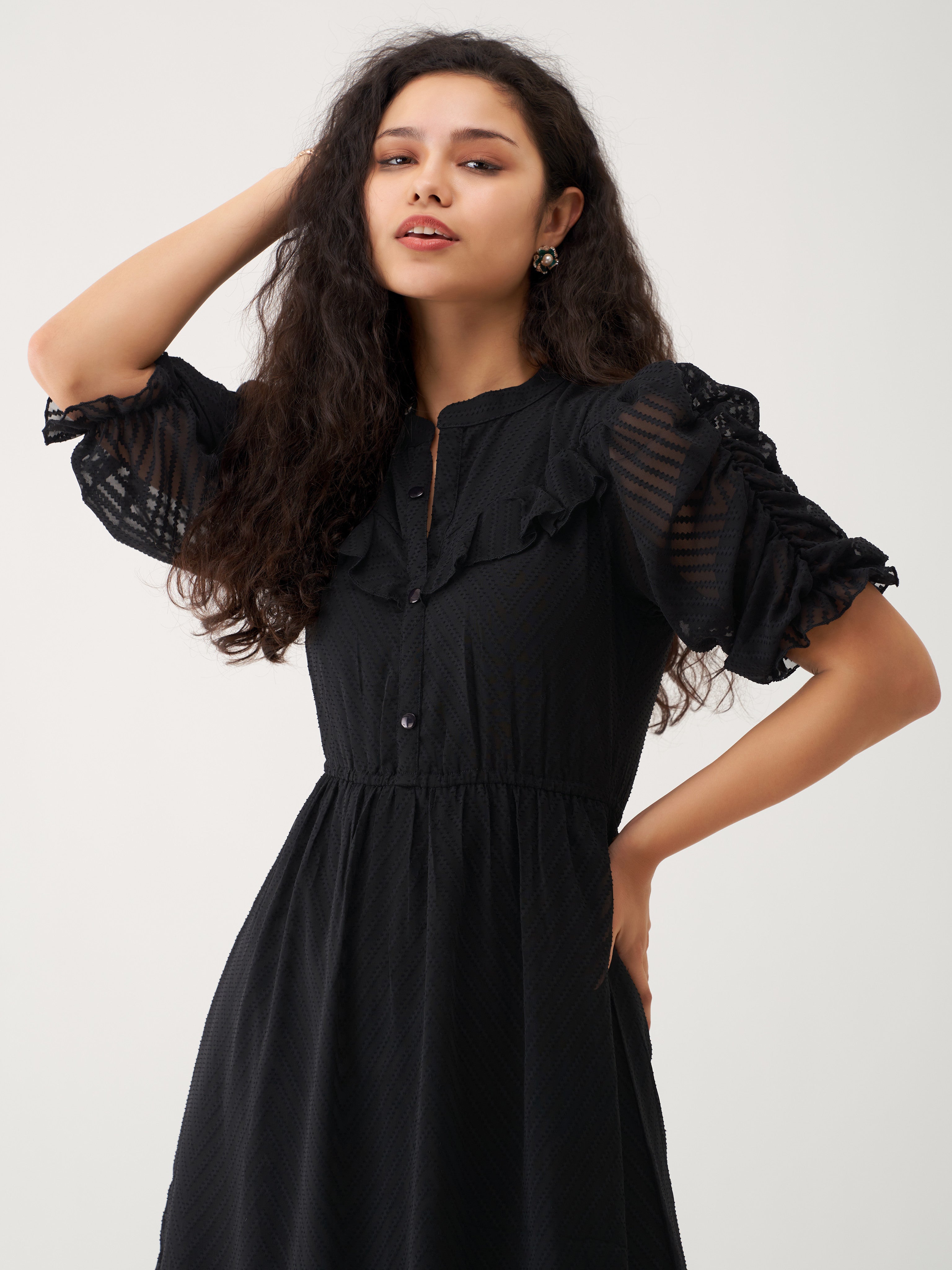 Black Chiffon Brasso Swiss Dot High Neck Dress