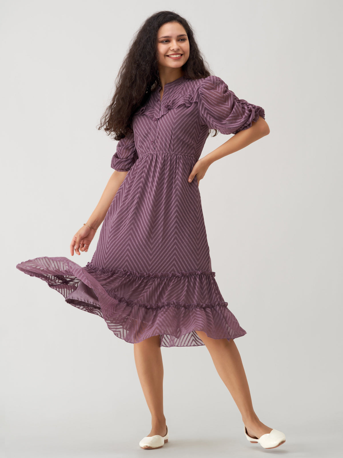 Dull Purple Chiffon Brasso Swiss Dot High Neck Dress