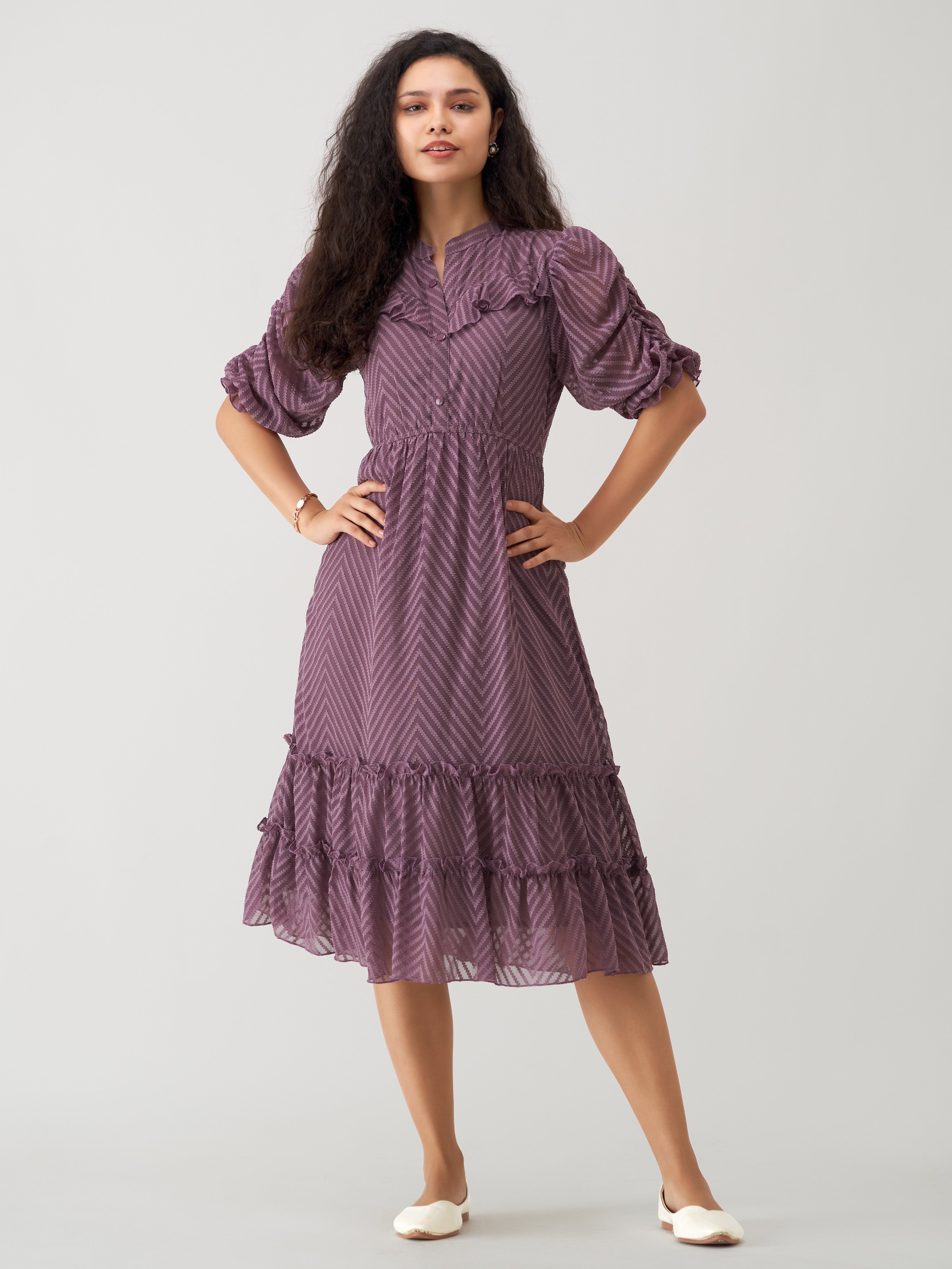 Dull Purple Chiffon Brasso Swiss Dot High Neck Dress