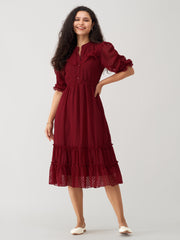 Wine Chiffon Brasso Swiss Dot High Neck Dress