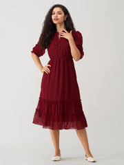 Wine Chiffon Brasso Swiss Dot High Neck Dress