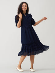 Navy Blue Chiffon Brasso Swiss Dot High Neck Dress