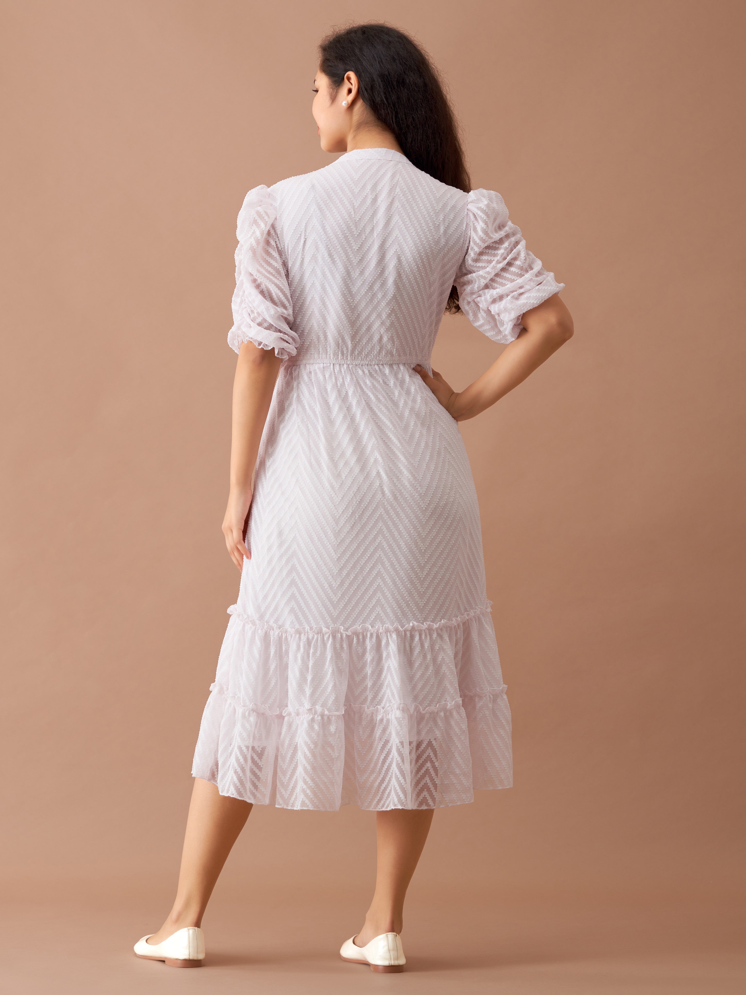 White Chiffon Brasso Swiss Dot High Neck Dress