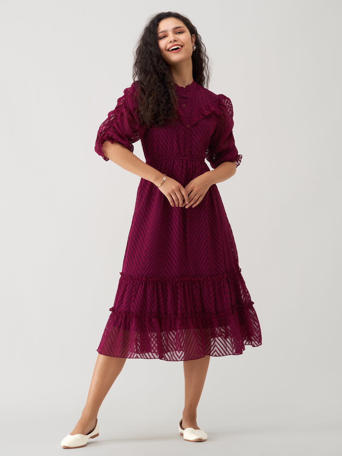 Maroon Oak Chiffon Brasso Swiss Dot High Neck Dress