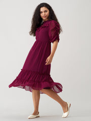 Maroon Oak Chiffon Brasso Swiss Dot High Neck Dress