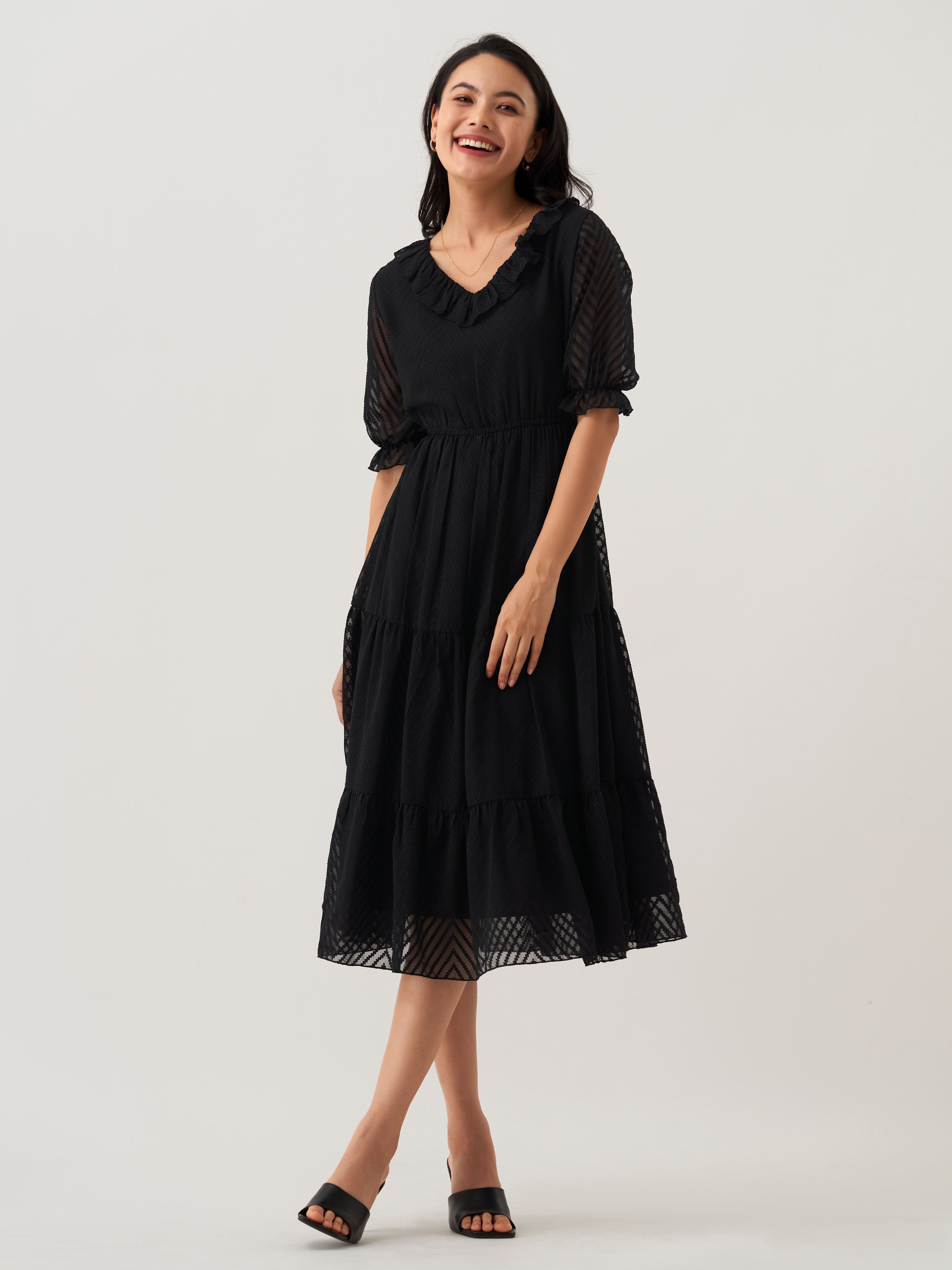 Black Chiffon Brasso Swiss Dot V-Neck Dress