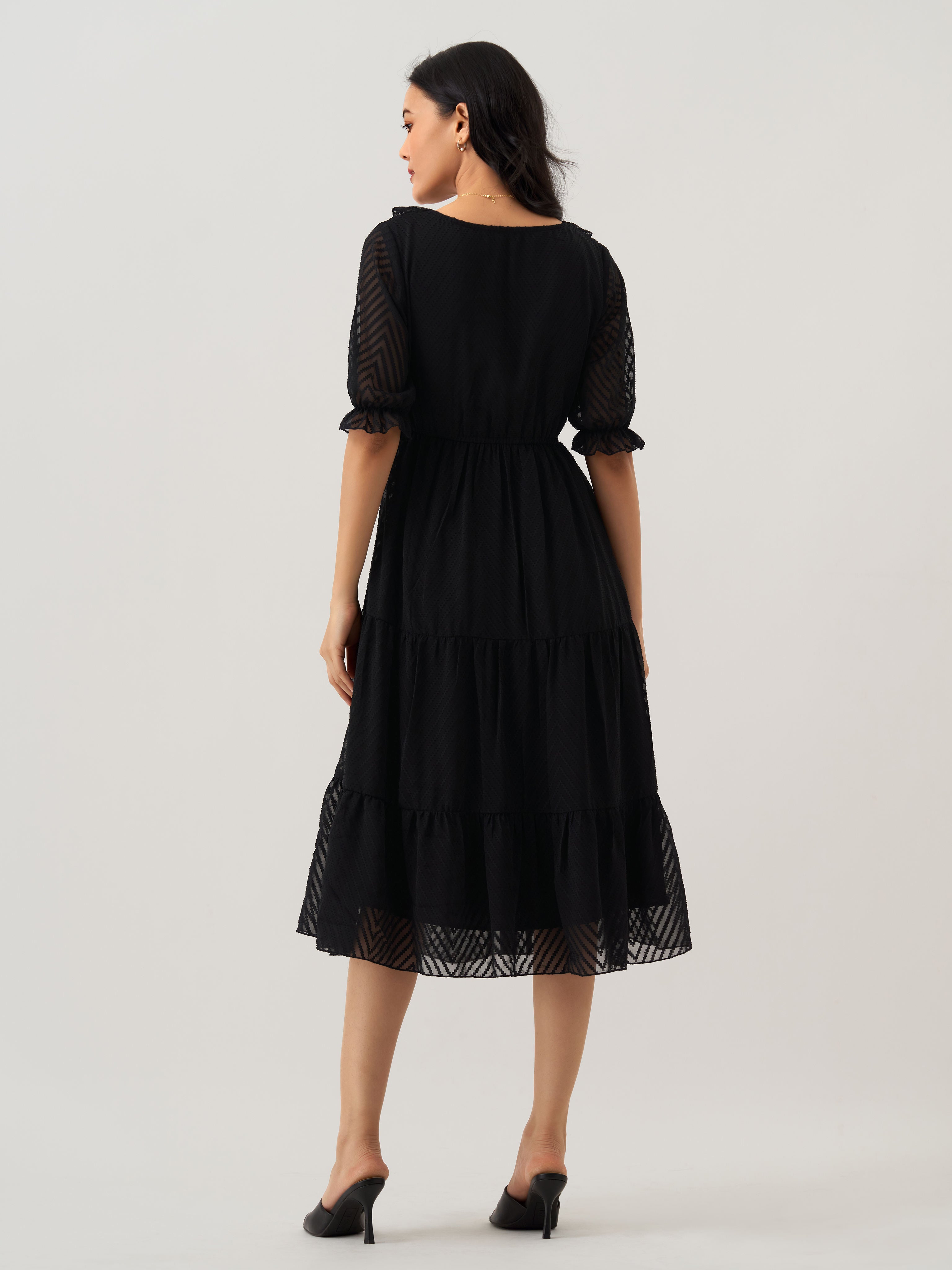 Black Chiffon Brasso Swiss Dot V-Neck Dress