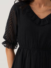 Black Chiffon Brasso Swiss Dot V-Neck Dress