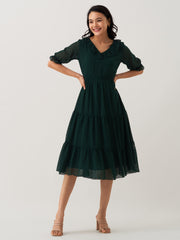 Dark Green Chiffon Brasso Swiss Dot V-Neck Dress