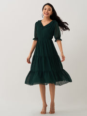 Dark Green Chiffon Brasso Swiss Dot V-Neck Dress