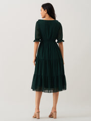 Dark Green Chiffon Brasso Swiss Dot V-Neck Dress