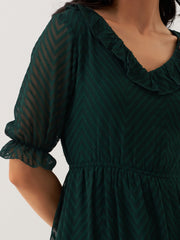 Dark Green Chiffon Brasso Swiss Dot V-Neck Dress