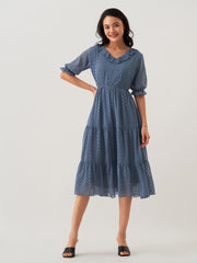 Slate Blue Chiffon Brasso Swiss Dot V-Neck Dress