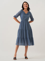 Slate Blue Chiffon Brasso Swiss Dot V-Neck Dress