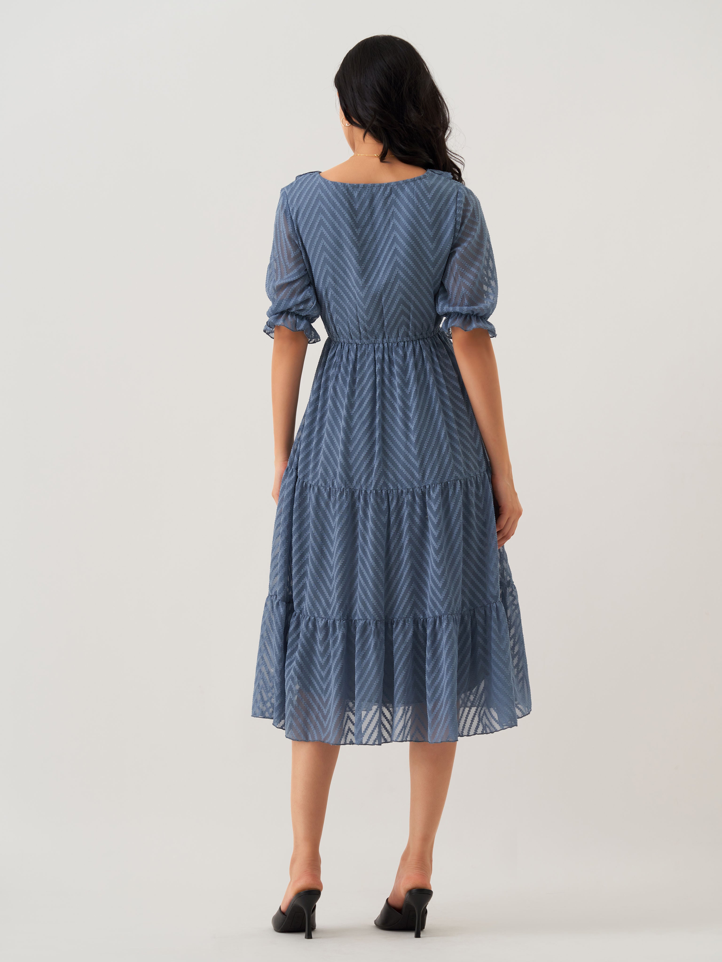 Slate Blue Chiffon Brasso Swiss Dot V-Neck Dress