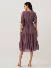 Purple Chiffon Brasso Swiss Dot V-Neck Dress